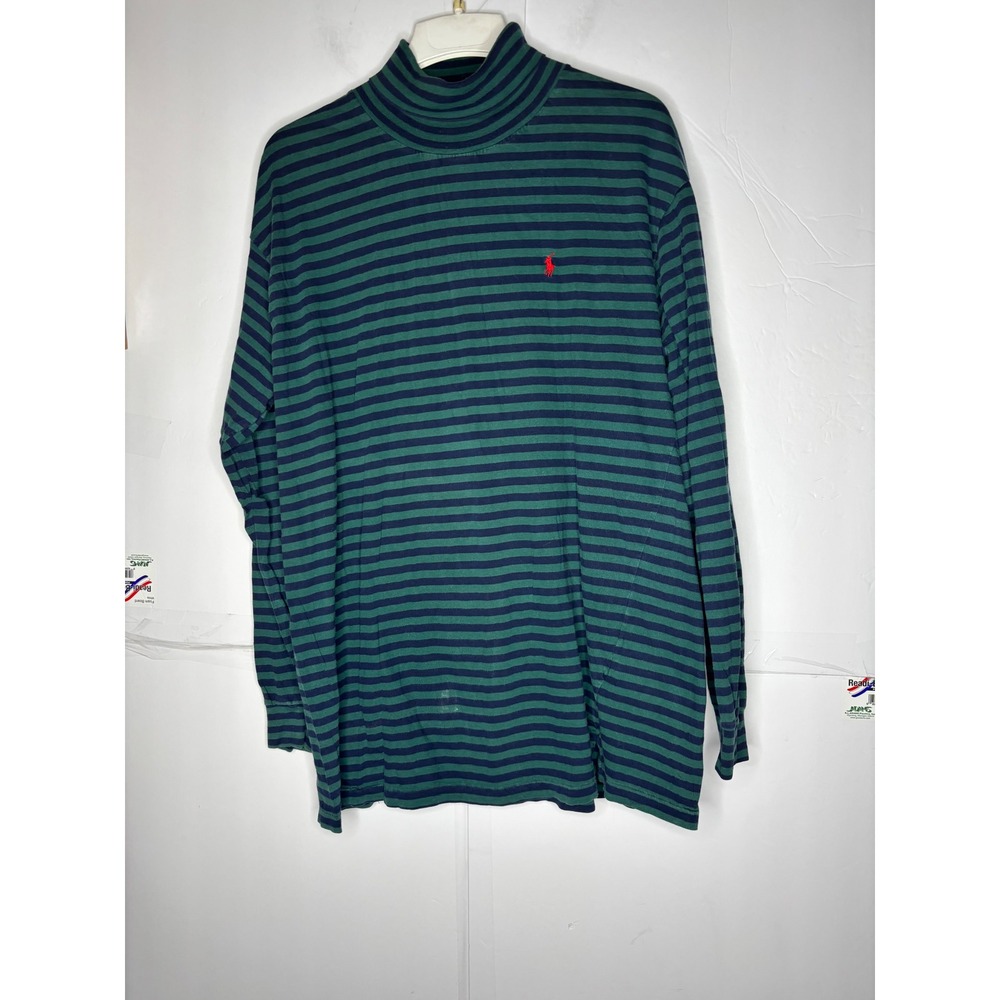 Polo Ralph Lauren Mock Neck Striped Shirt Mens Large Green Blue Vintage USA Made